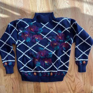 Vintage Chrysantheme Hand Knitted Mock Neck Floral Sweater Blue Women’s Size S